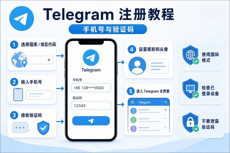 Telegram 注册验证码与中文设置示意