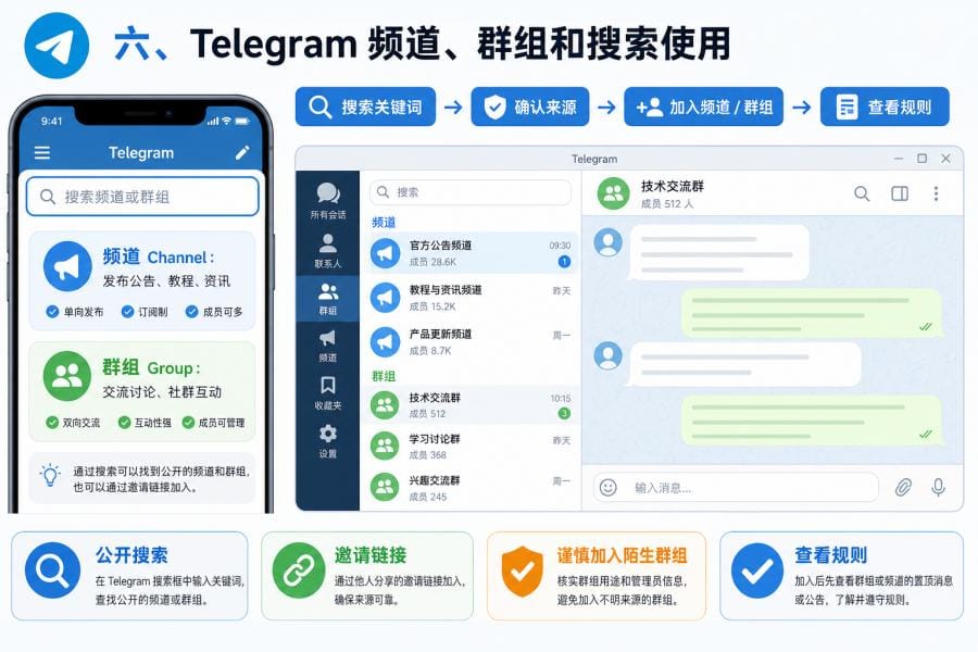 Telegram 频道群组与账号安全使用示意
